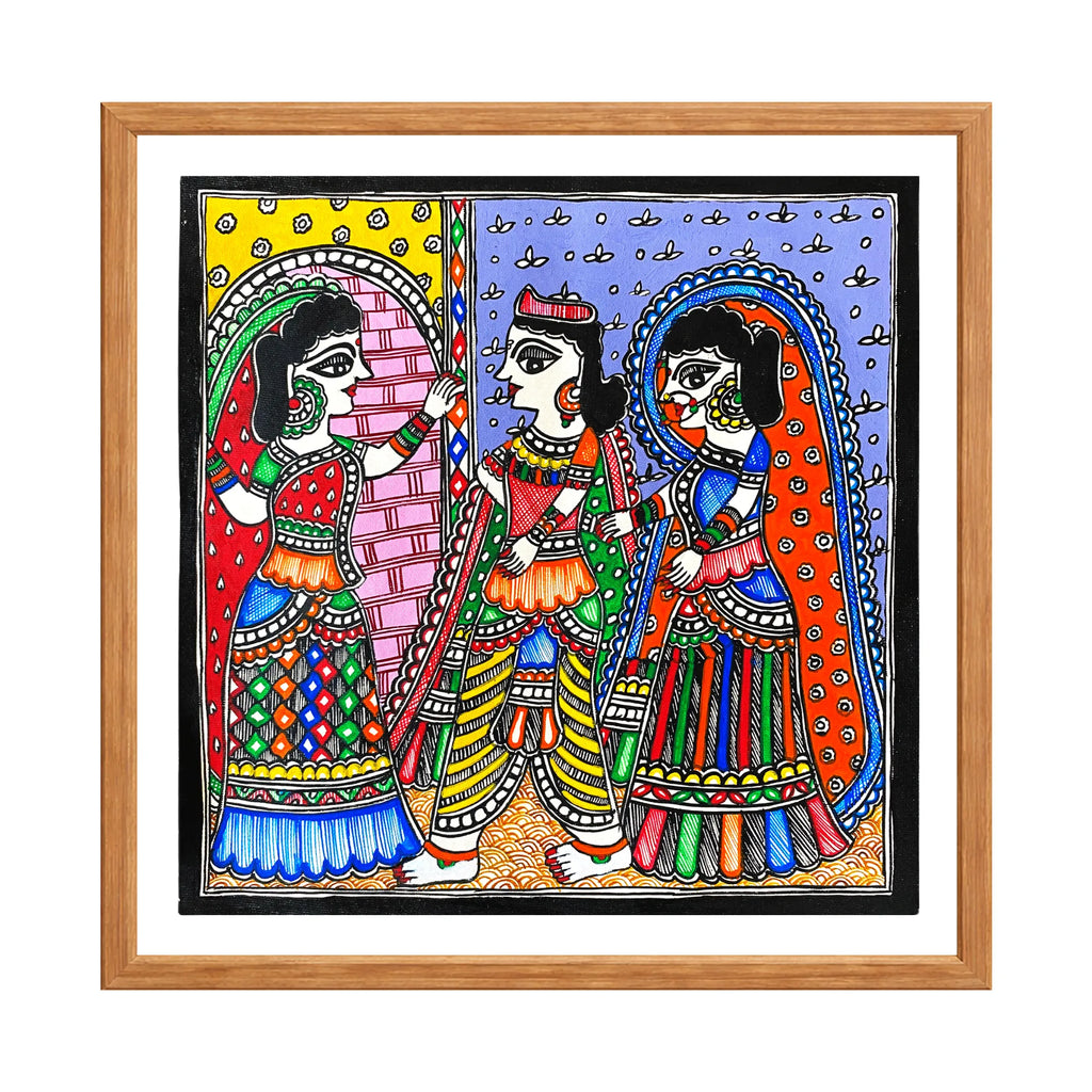 Madhubani painting Dwar Chekai, handmade Mithila art wall decor, size 12 x 12 inch