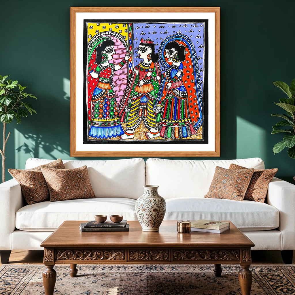 Dwar Chekai artwork above sofa