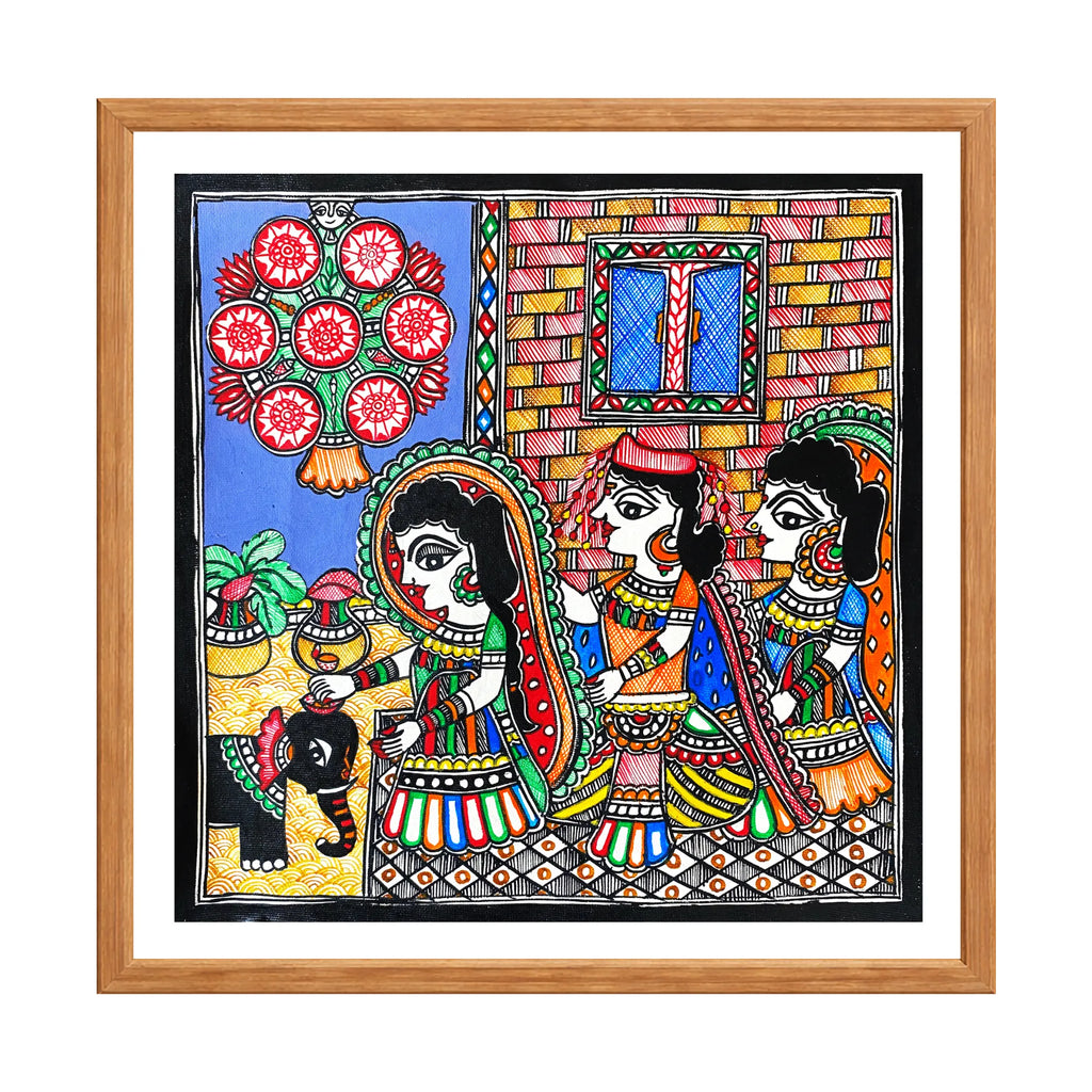 Madhubani painting Gauri Pooja, handmade Mithila art wall decor, size 12 x 12 inch