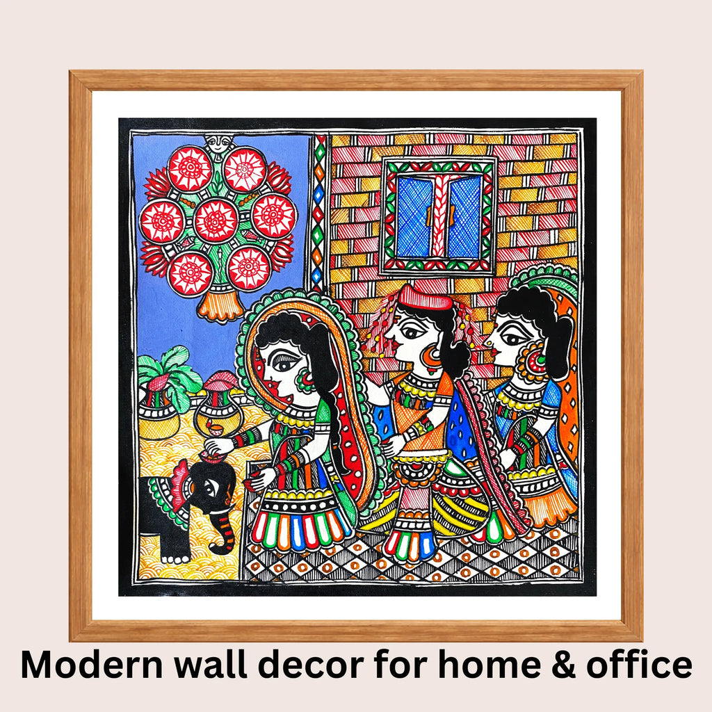 Gauri Pooja Madhubani art in modern home decorGauri Pooja Madhubani art in modern home decor