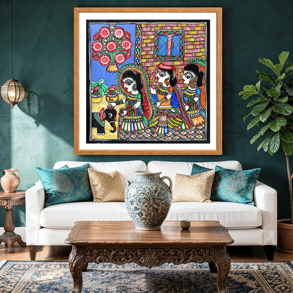 Gauri Pooja artwork above sofa