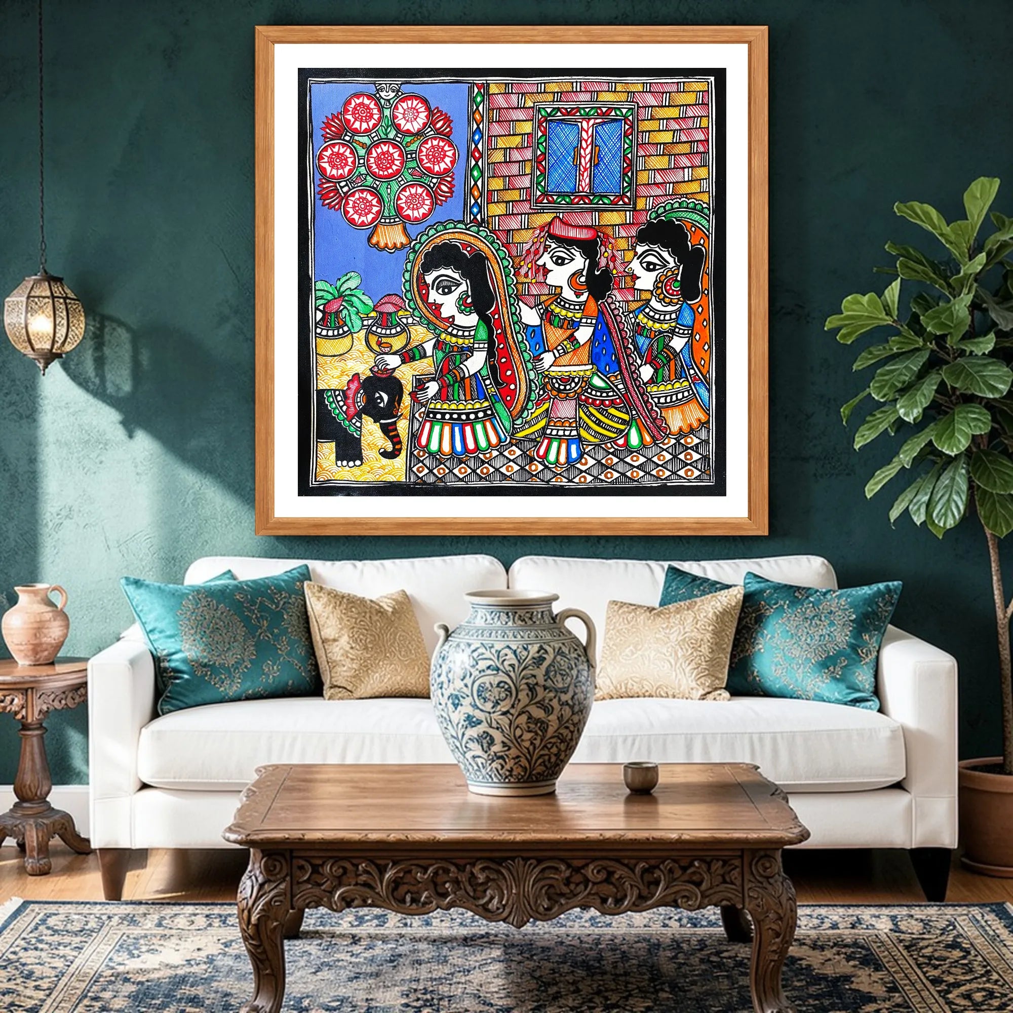 Gauri Pooja artwork above sofa