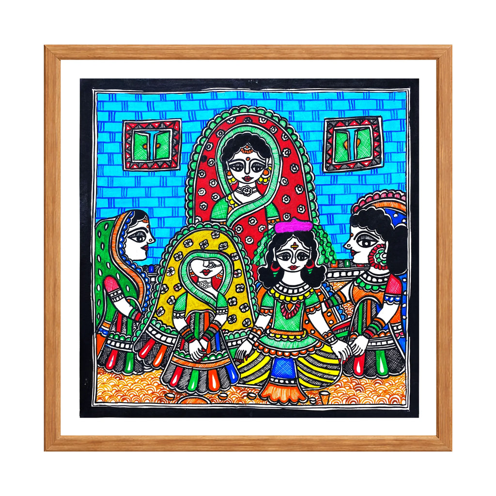 Madhubani painting Mohak Ritual, handmade Mithila art wall decor, size 12 x 12 inch