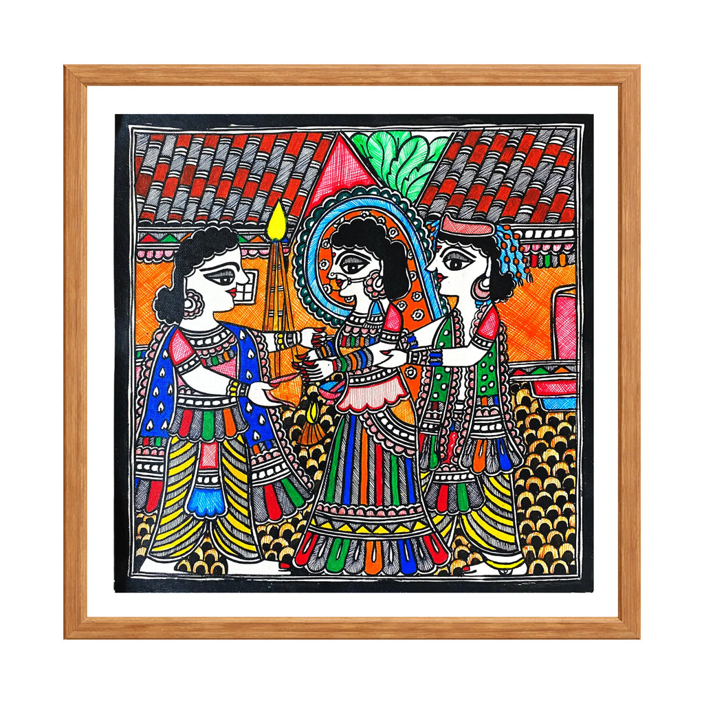 Madhubani painting Spreading Rice Puff, handmade Mithila art wall decor, size 12 x 12 inch