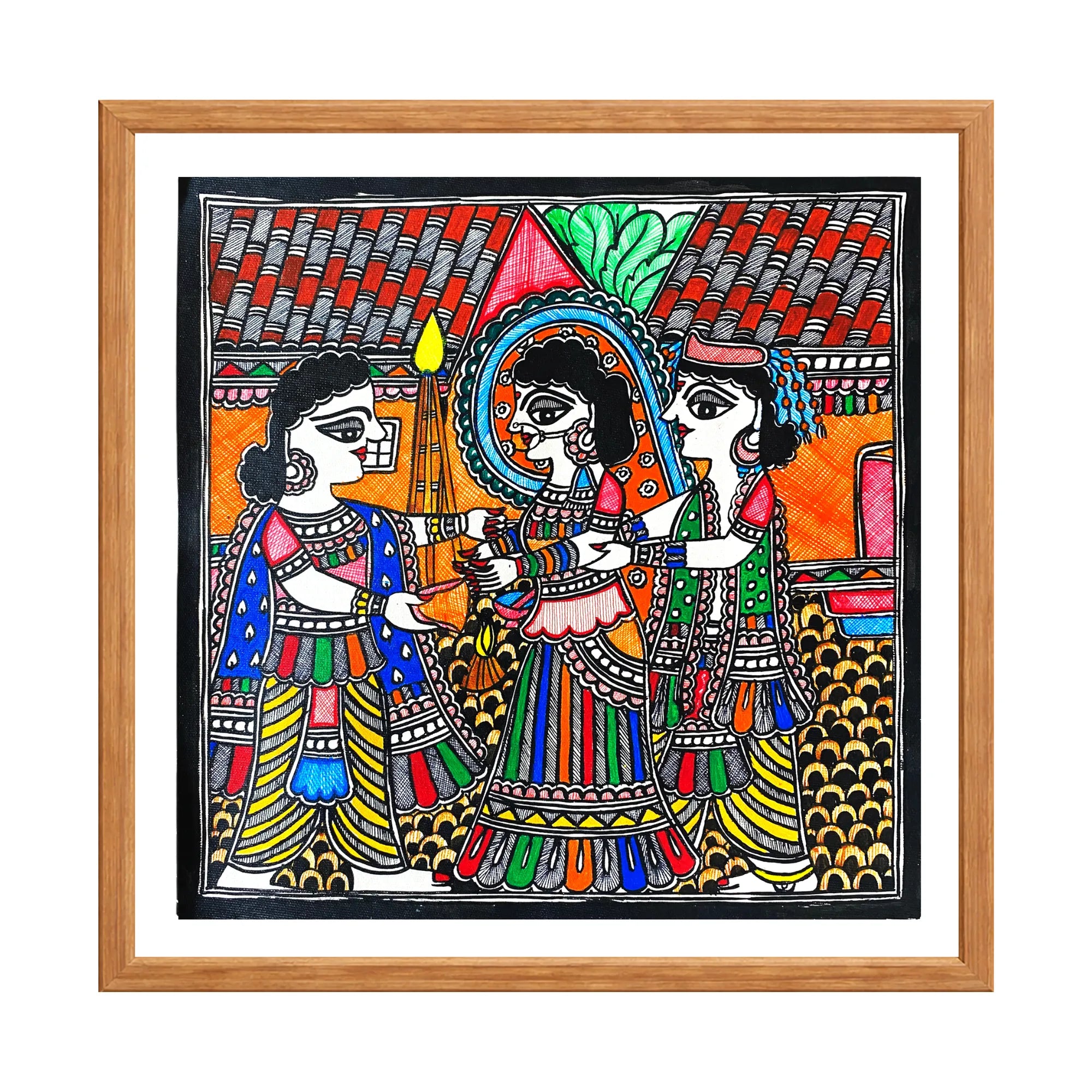 Madhubani painting Spreading Rice Puff, handmade Mithila art wall decor, size 12 x 12 inch