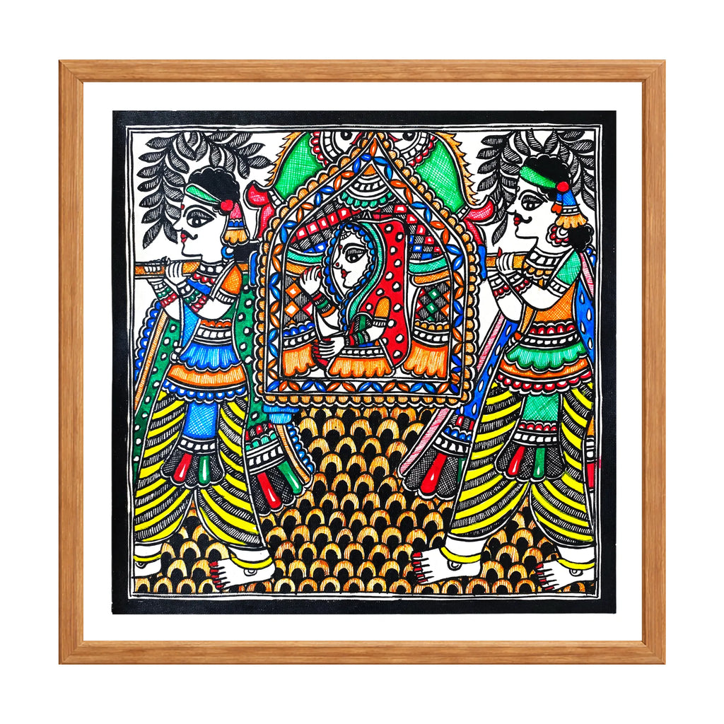 Madhubani painting Vidai Ritual, handmade Mithila art wall decor, size 12 x 12 inch