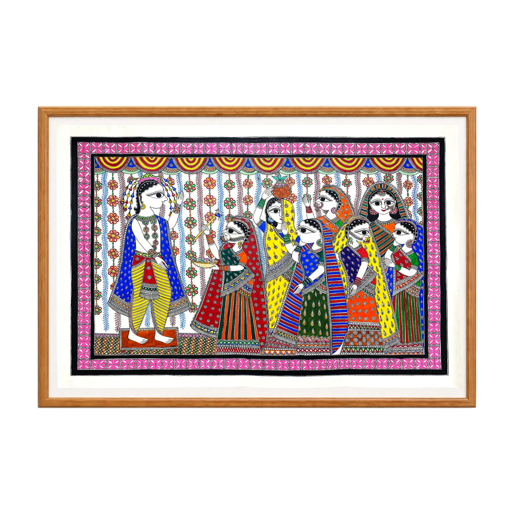Madhubani painting Paricchavan Ceremony Large, handmade Mithila art wall decor, size 30 x 22 inch