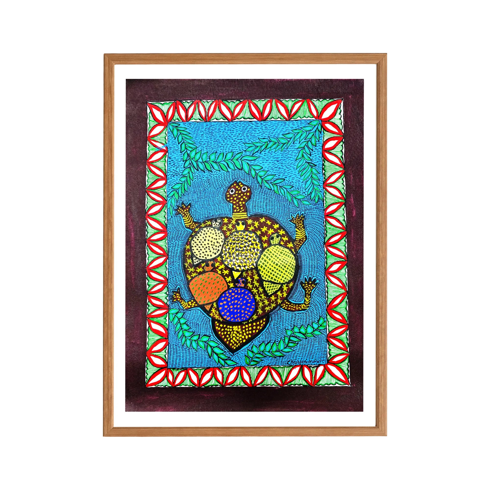 Madhubani painting Mother Love Animals, handmade Mithila art wall decor, size 15 x 11 inch