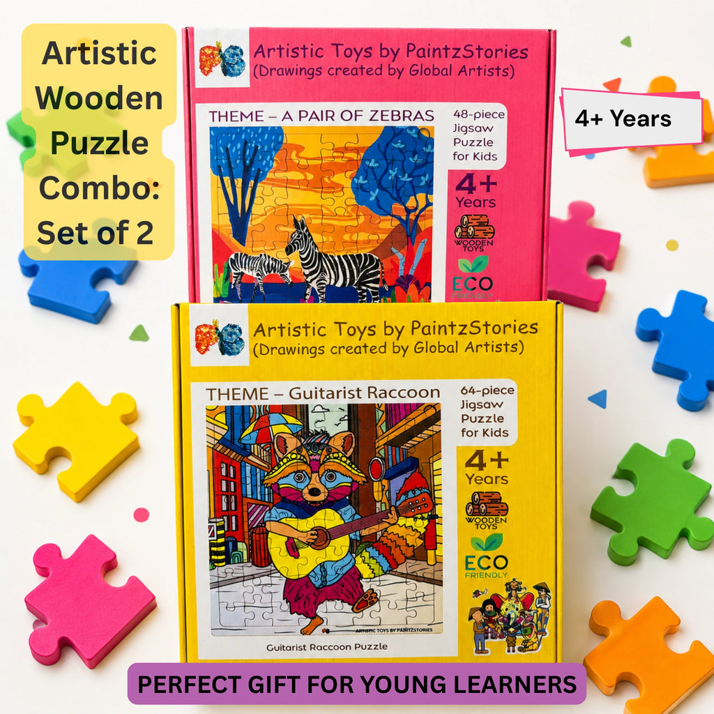 PAINTZSTORIES Artistic Wooden Puzzle Combo | 2 Sets (48 & 64 Pieces) | Educational Jigsaw Puzzle | Cognitive & Motor Skills Development | Birthday Gift for Kids | 4+ Years