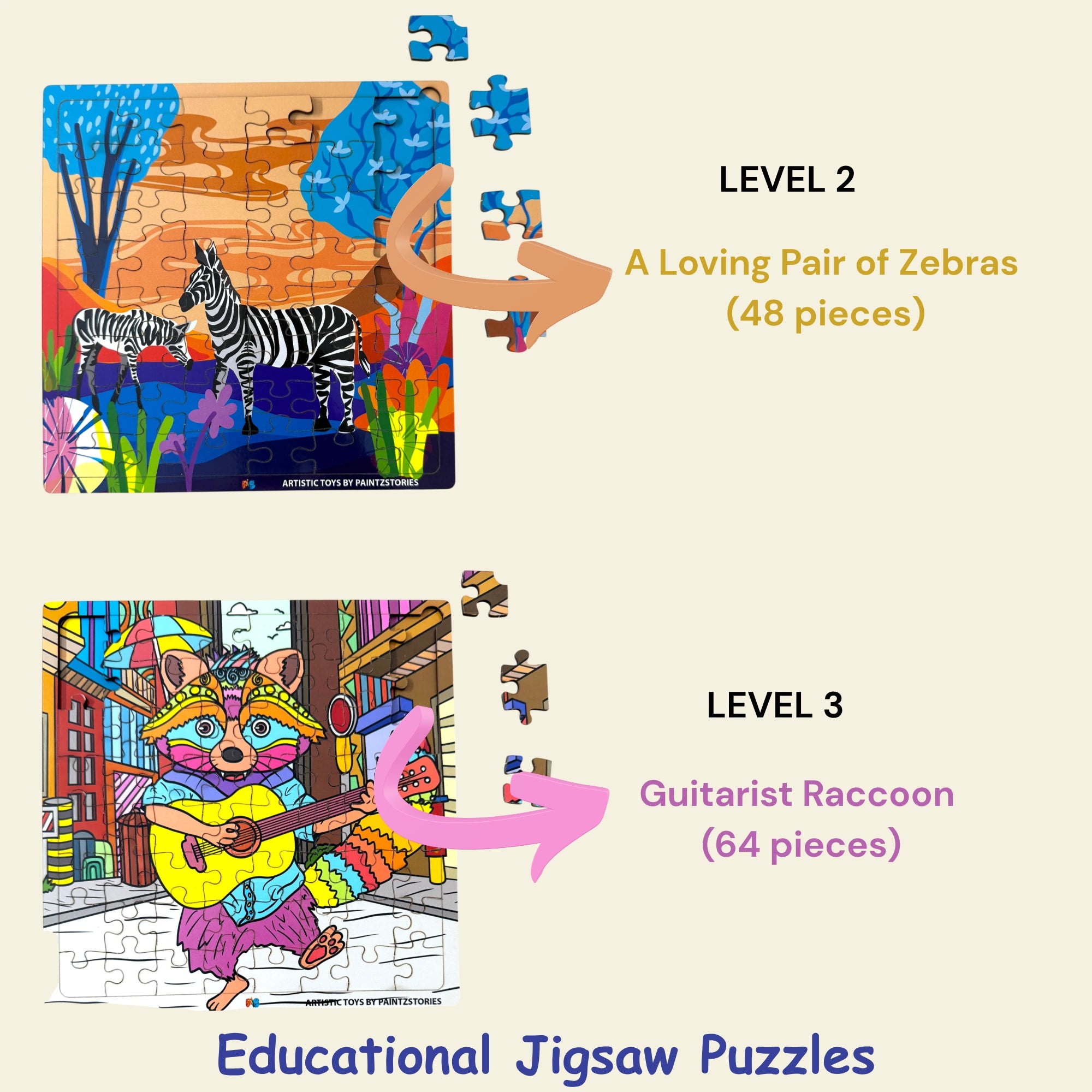 PAINTZSTORIES Artistic Wooden Puzzle Combo | 2 Sets (48 & 64 Pieces) | Educational Jigsaw Puzzle | Cognitive & Motor Skills Development | Birthday Gift for Kids | 4+ Years