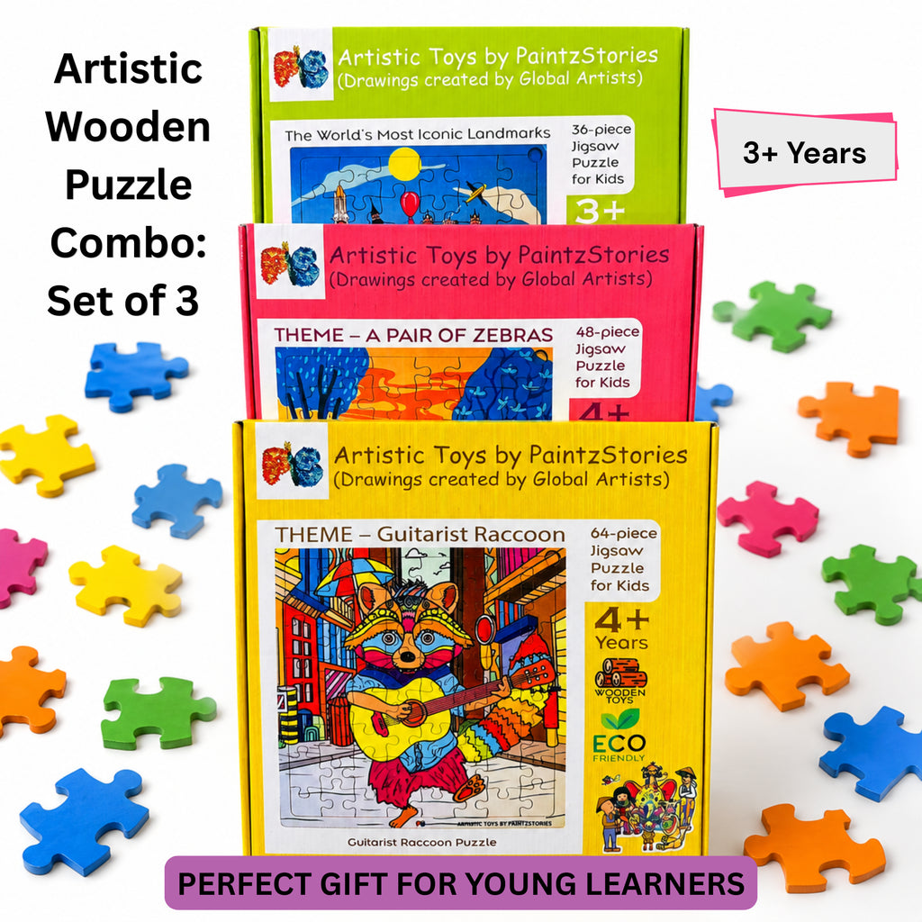 PAINTZSTORIES Artistic Wooden Puzzle Combo | 3 Sets (36, 48 & 64 Pieces) | Educational Jigsaw Puzzles | Cognitive & Motor Skills Development | Birthday Gift for Kids | 3+ Years