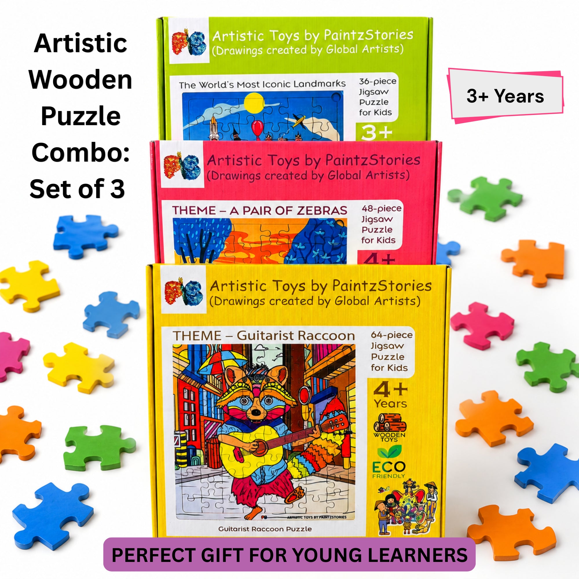 PAINTZSTORIES Artistic Wooden Puzzle Combo | 3 Sets (36, 48 & 64 Pieces) | Educational Jigsaw Puzzles | Cognitive & Motor Skills Development | Birthday Gift for Kids | 3+ Years