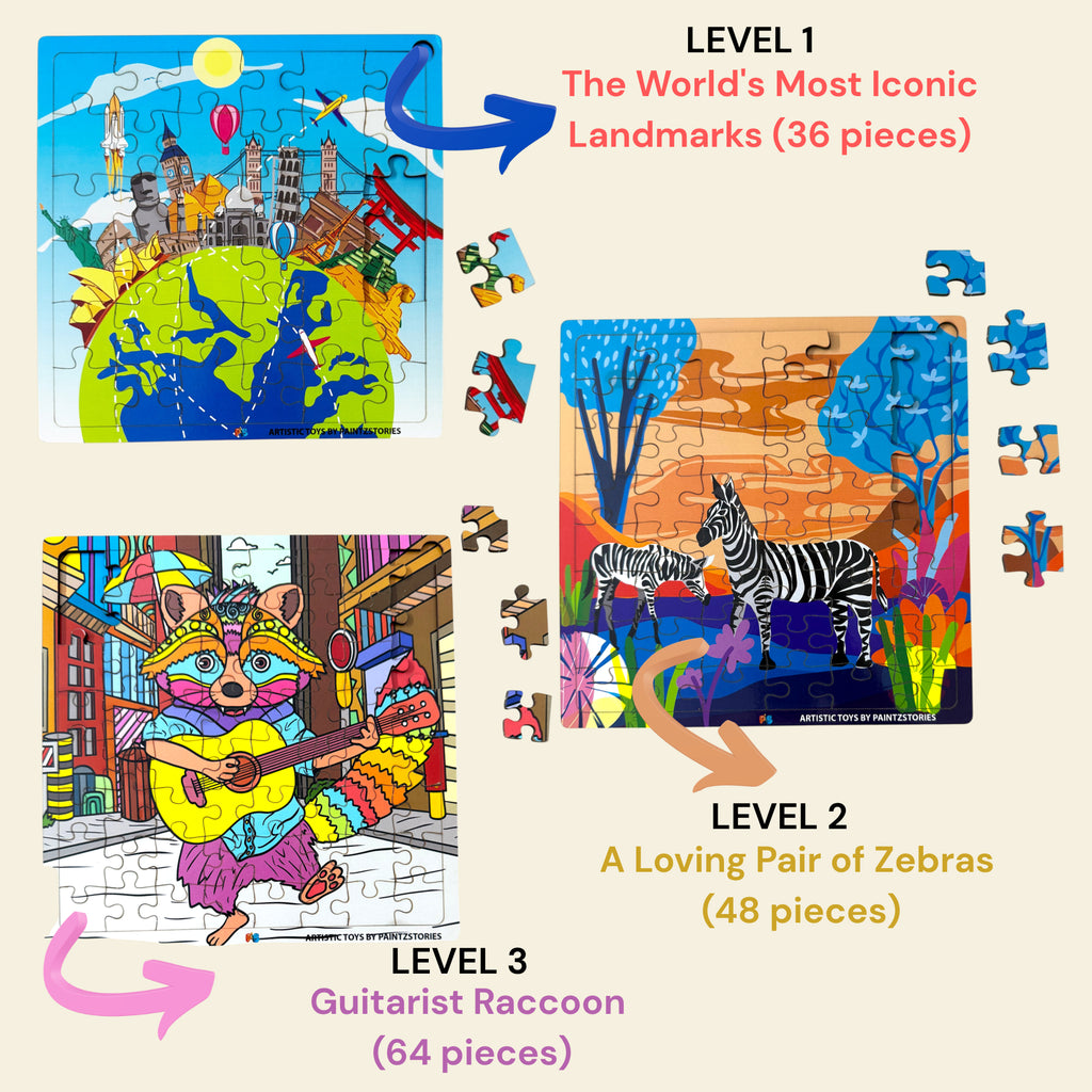 PAINTZSTORIES Artistic Wooden Puzzle Combo | 3 Sets (36, 48 & 64 Pieces) | Educational Jigsaw Puzzles | Cognitive & Motor Skills Development | Birthday Gift for Kids | 3+ Years
