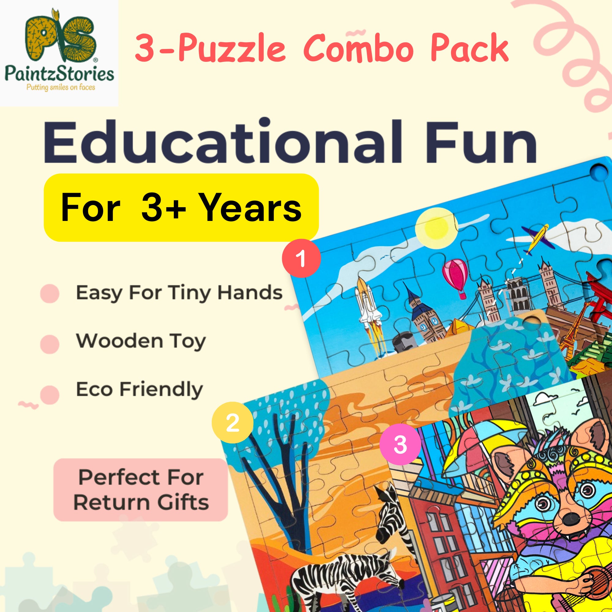 PAINTZSTORIES Artistic Wooden Puzzle Combo | 3 Sets (36, 48 & 64 Pieces) | Educational Jigsaw Puzzles | Cognitive & Motor Skills Development | Birthday Gift for Kids | 3+ Years