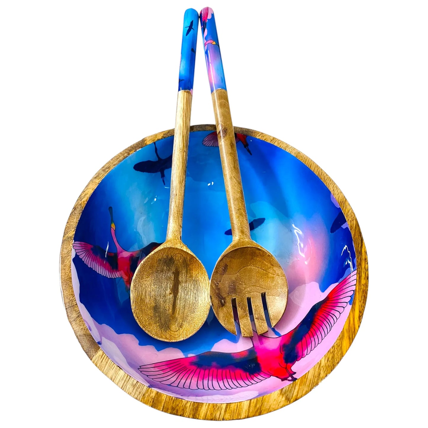 '"Stunning birds in a colourful sky" Artistic Wooden Cutlery - Big Bowl with Serving Spoons I Dine ware I Hand Crafted I Decorative I Size-10*10*3 Inch