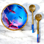 '"Stunning birds in a colourful sky" Artistic Wooden Cutlery - Big Bowl with Serving Spoons I Dine ware I Hand Crafted I Decorative I Size-10*10*3 Inch