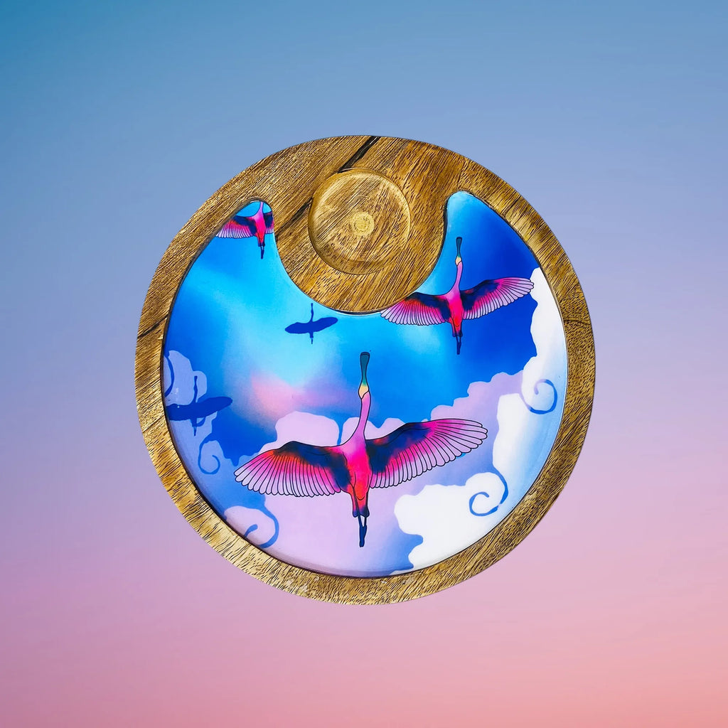 '"Stunning birds in a colourful sky" Artistic Wooden Cutlery-Circular Platter with Wooden Bowl I Table ware I Handmade I Decorative I Size-10*10 Inch