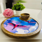 '"Stunning birds in a colourful sky" Artistic Wooden Cutlery-Circular Platter with Wooden Bowl I Table ware I Handmade I Decorative I Size-10*10 Inch