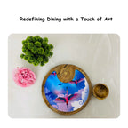 '"Stunning birds in a colourful sky" Artistic Wooden Cutlery-Circular Platter with Wooden Bowl I Table ware I Handmade I Decorative I Size-10*10 Inch