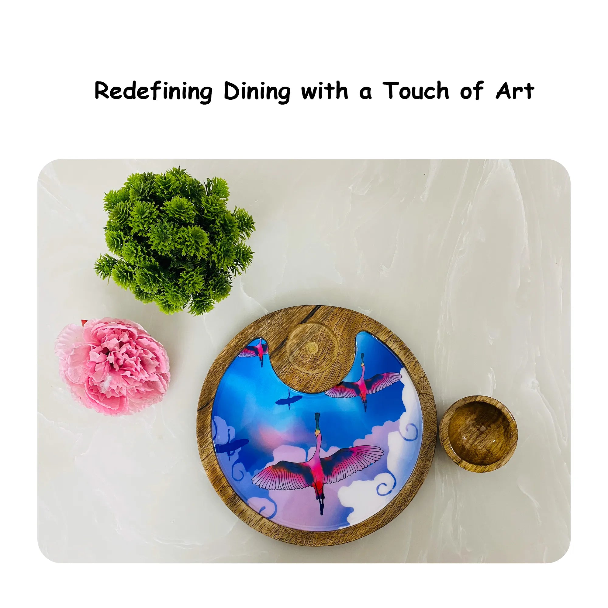 '"Stunning birds in a colourful sky" Artistic Wooden Cutlery-Circular Platter with Wooden Bowl I Table ware I Handmade I Decorative I Size-10*10 Inch