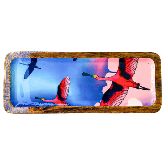 "Stunning birds in a colourful sky" Artistic Wooden Cutlery-Rectangular Platter I Serve ware I Handcrafted I Home Décor I Meena Print I Size-13*5 Inch