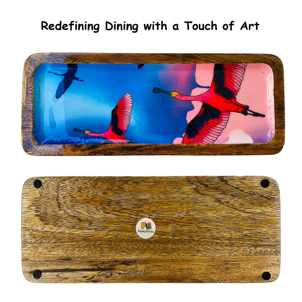 "Stunning birds in a colourful sky" Artistic Wooden Cutlery-Rectangular Platter I Serve ware I Handcrafted I Home Décor I Meena Print I Size-13*5 Inch