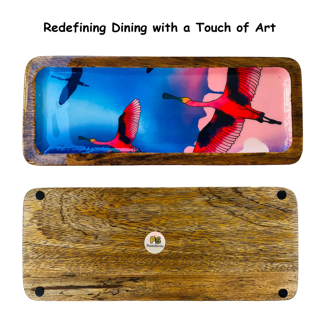 "Stunning birds in a colourful sky" Artistic Wooden Cutlery-Rectangular Platter I Serve ware I Handcrafted I Home Décor I Meena Print I Size-13*5 Inch