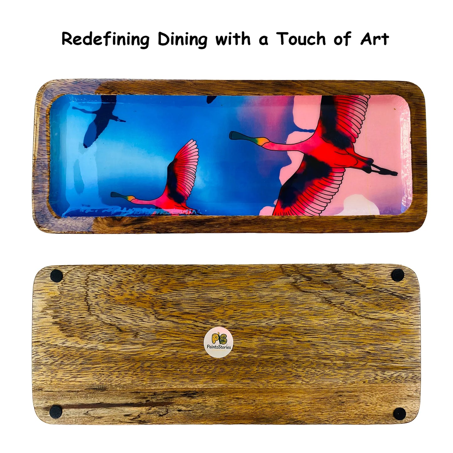 "Stunning birds in a colourful sky" Artistic Wooden Cutlery-Rectangular Platter I Serve ware I Handcrafted I Home Décor I Meena Print I Size-13*5 Inch