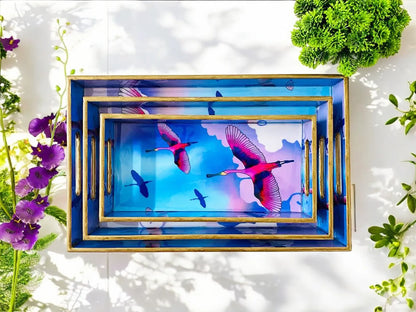 '"Stunning birds in a colourful sky" Artistic Wooden Cutlery-Rectangular Trays (Set of 3) I Serve ware I Handmade I Size-12*6*2, 14*8*2 & 16*10*2 Inch