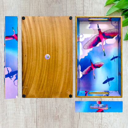 '"Stunning birds in a colourful sky" Artistic Wooden Cutlery-Rectangular Trays (Set of 3) I Serve ware I Handmade I Size-12*6*2, 14*8*2 & 16*10*2 Inch