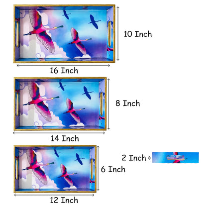'"Stunning birds in a colourful sky" Artistic Wooden Cutlery-Rectangular Trays (Set of 3) I Serve ware I Handmade I Size-12*6*2, 14*8*2 & 16*10*2 Inch