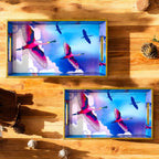 '"Stunning birds in a colourful sky" Artistic Wooden Cutlery-Rectangular Tray-Set of 2 I Serve ware I Hand Crafted I Gift I Size-12*6*2 & 14*8*2 Inch