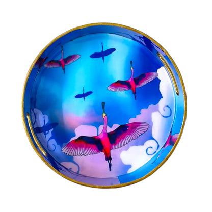 "Stunning birds in a colourful sky" Artistic Wooden Cutlery-Round Tray Large I Serve ware I Handmade I Decorative I Meena Print I Size-12*12*2 Inch