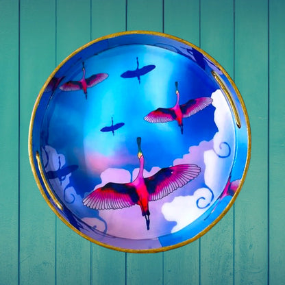 "Stunning birds in a colourful sky" Artistic Wooden Cutlery-Round Tray Large I Serve ware I Handmade I Decorative I Meena Print I Size-12*12*2 Inch