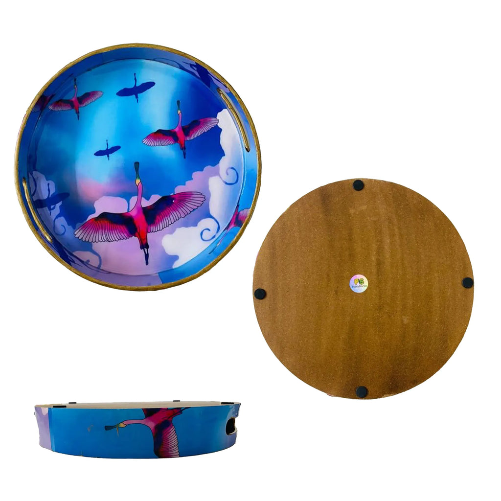 "Stunning birds in a colourful sky" Artistic Wooden Cutlery-Round Tray Large I Serve ware I Handmade I Decorative I Meena Print I Size-12*12*2 Inch