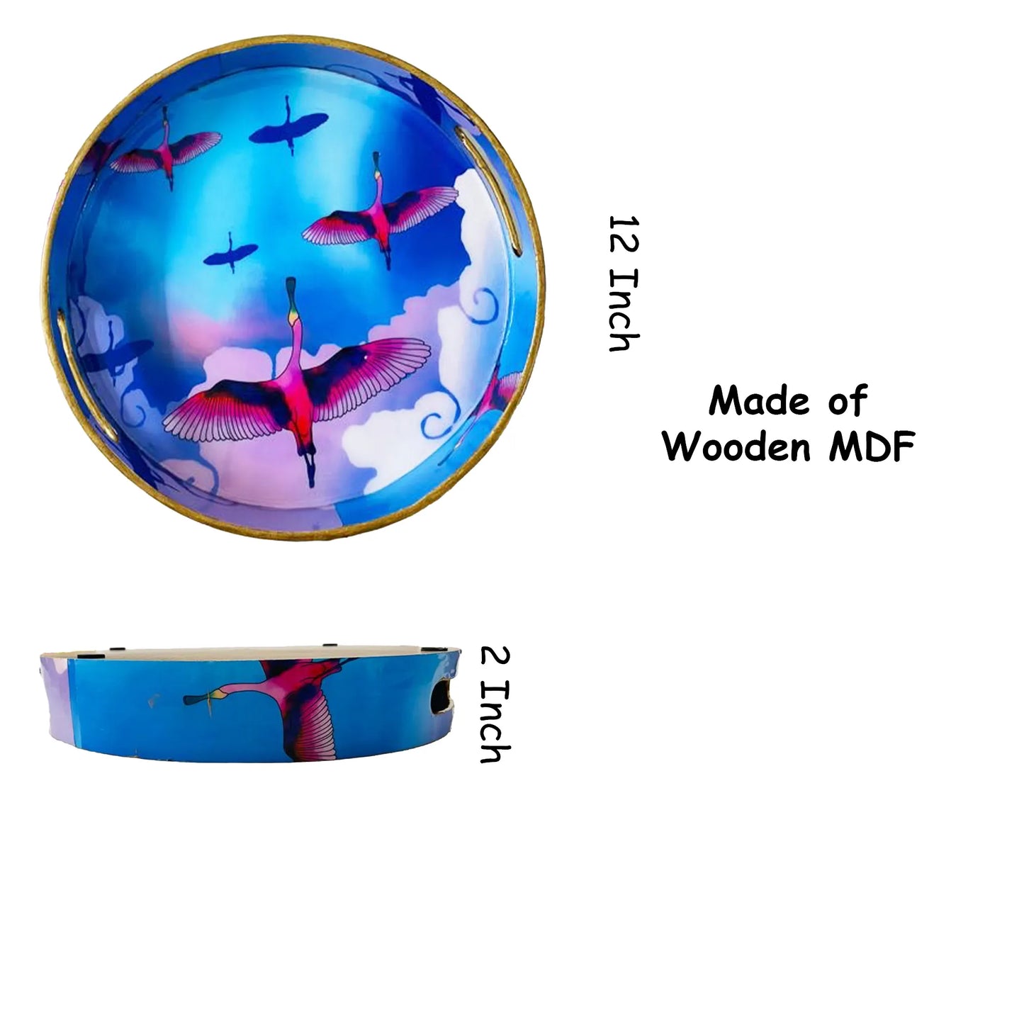 "Stunning birds in a colourful sky" Artistic Wooden Cutlery-Round Tray Large I Serve ware I Handmade I Decorative I Meena Print I Size-12*12*2 Inch