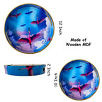 '"Stunning birds in a colourful sky" Wooden Cutlery-Round Trays (Set of 2) I Serve ware I Hand Crafted I Meena Print I Size-10*10*2 & 12*12*2 Inch
