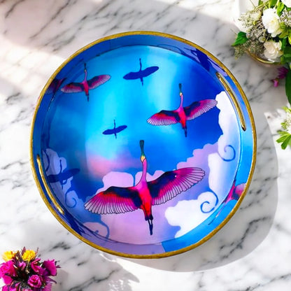 "Stunning birds in a colourful sky" Artistic Wooden Cutlery-Round Tray Small I Serve ware I Handmade I Decorative I Meena Print I Size-10*10*2 Inch