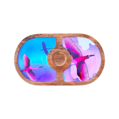 "Stunning birds in a colourful sky" Artistic Wooden Cutlery-Round Platter with Ceramic Bowl I Dine ware I Hand Crafted I Decorative I Size-14*8 Inch