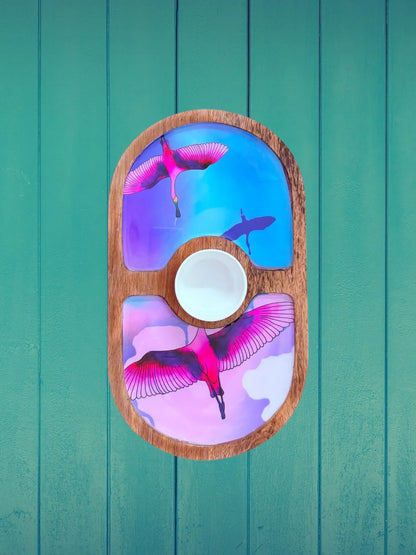 "Stunning birds in a colourful sky" Artistic Wooden Cutlery-Round Platter with Ceramic Bowl I Dine ware I Hand Crafted I Decorative I Size-14*8 Inch