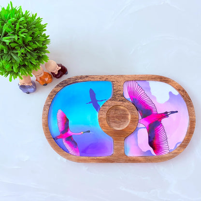 "Stunning birds in a colourful sky" Artistic Wooden Cutlery-Round Platter with Ceramic Bowl I Dine ware I Hand Crafted I Decorative I Size-14*8 Inch
