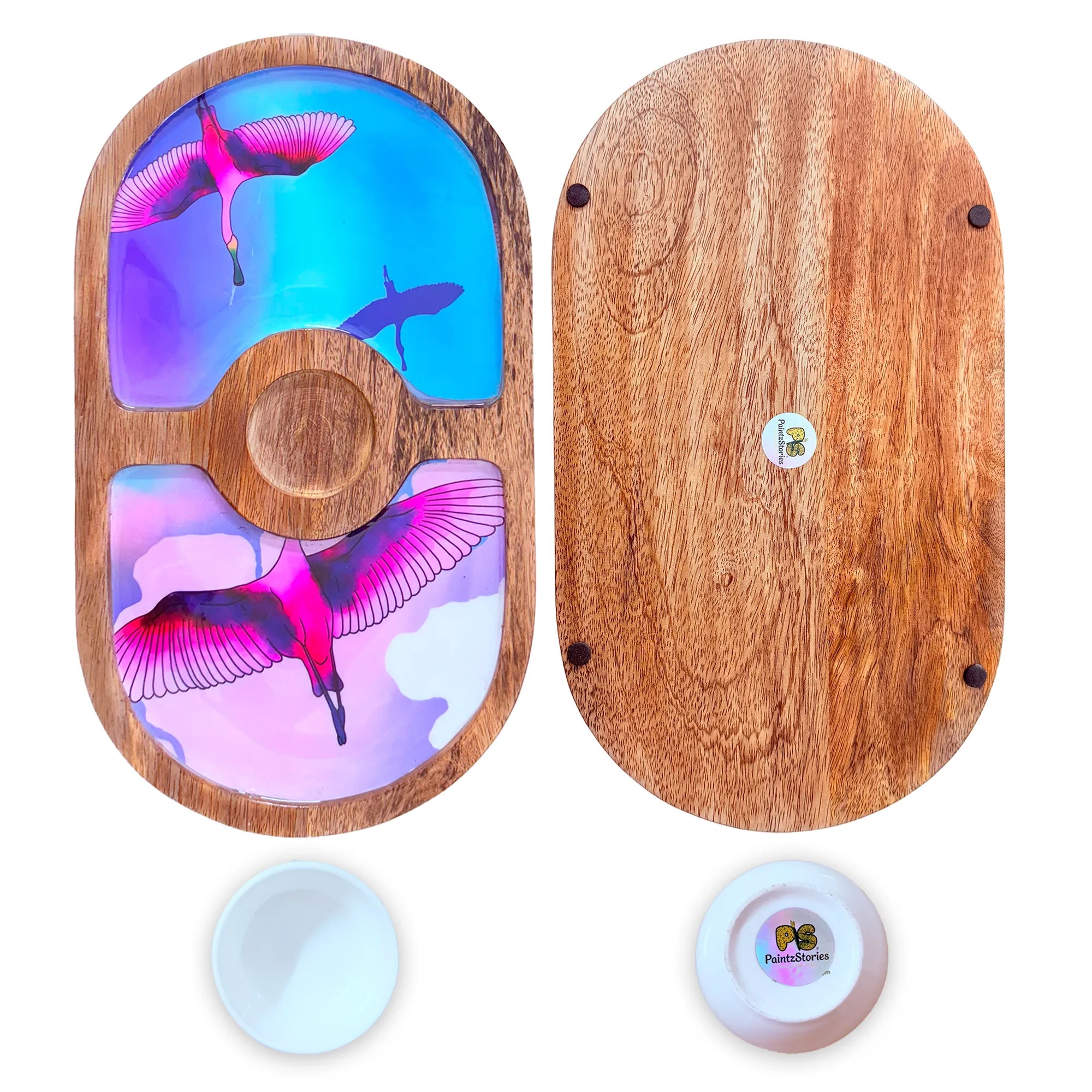 "Stunning birds in a colourful sky" Artistic Wooden Cutlery-Round Platter with Ceramic Bowl I Dine ware I Hand Crafted I Decorative I Size-14*8 Inch