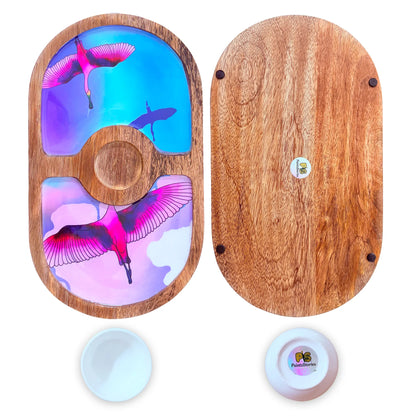 "Stunning birds in a colourful sky" Artistic Wooden Cutlery-Round Platter with Ceramic Bowl I Dine ware I Hand Crafted I Decorative I Size-14*8 Inch