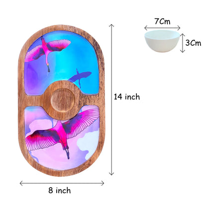 "Stunning birds in a colourful sky" Artistic Wooden Cutlery-Round Platter with Ceramic Bowl I Dine ware I Hand Crafted I Decorative I Size-14*8 Inch