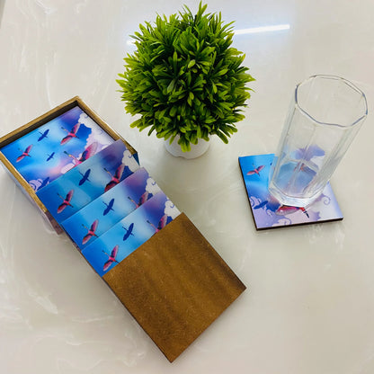 '"Stunning birds in a colourful sky" Artistic Wooden Cutlery-Wooden Tea Coaster I Table ware I Handmade I Home Décor I Meena Print I Size- 4*4 Inch