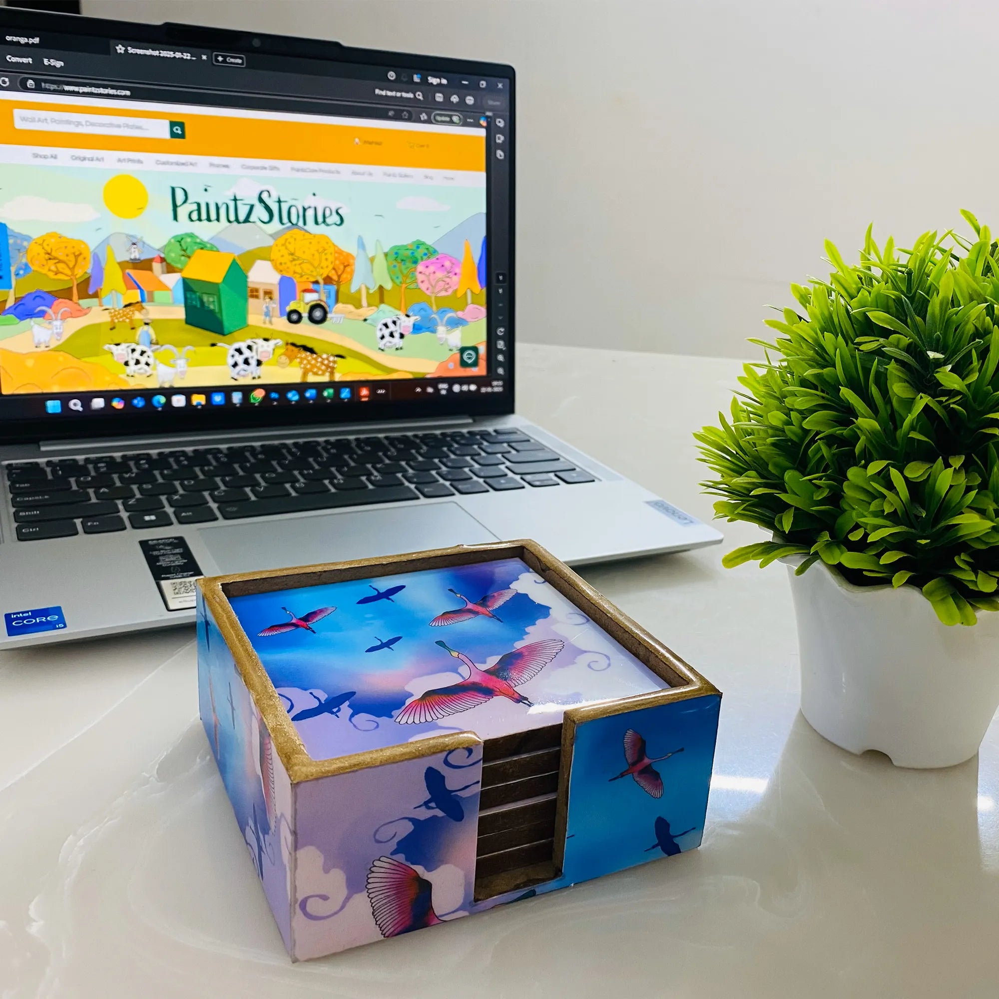 '"Stunning birds in a colourful sky" Artistic Wooden Cutlery-Wooden Tea Coaster I Table ware I Handmade I Home Décor I Meena Print I Size- 4*4 Inch