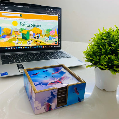 '"Stunning birds in a colourful sky" Artistic Wooden Cutlery-Wooden Tea Coaster I Table ware I Handmade I Home Décor I Meena Print I Size- 4*4 Inch