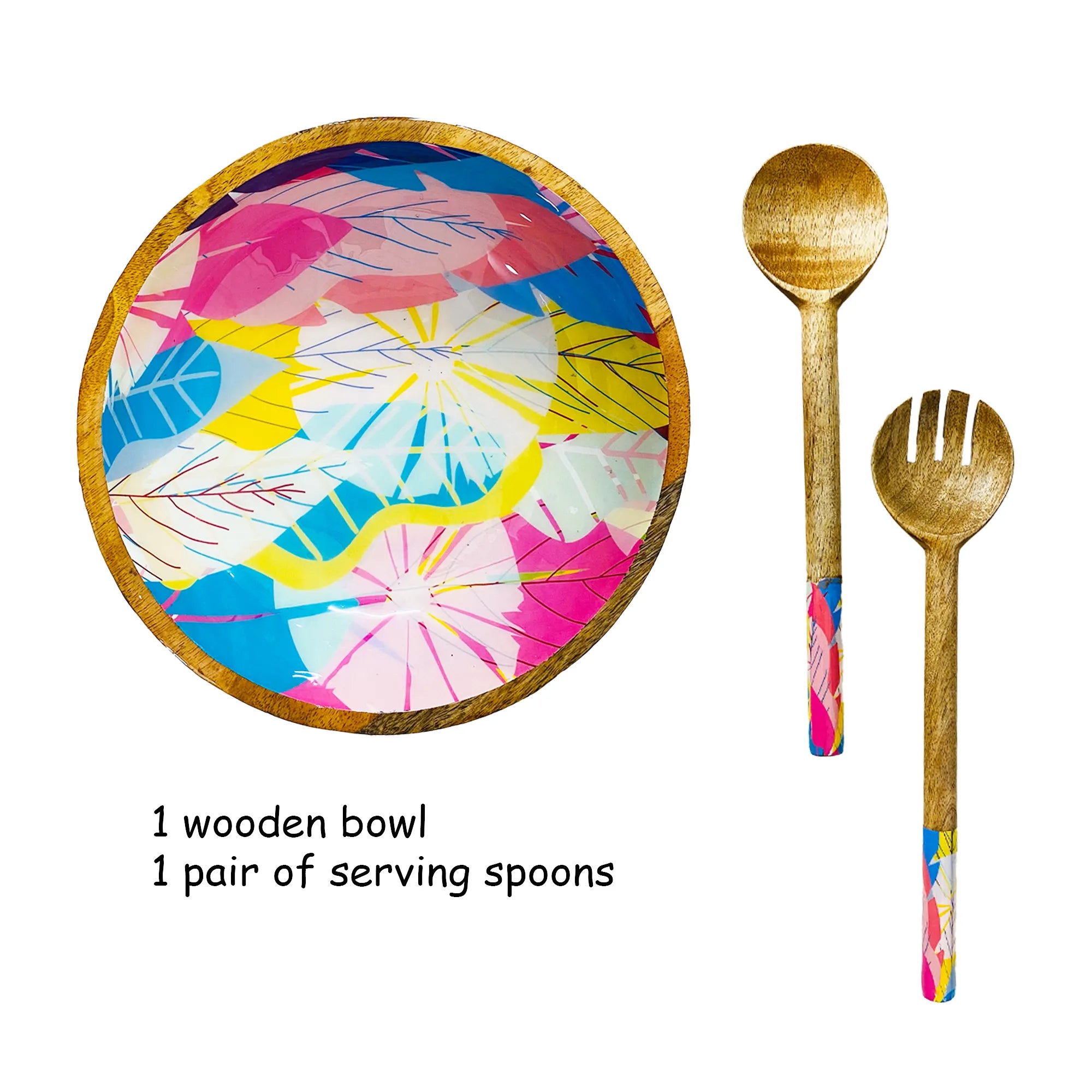 "Cycle of Seasons" Artistic Wooden Cutlery-Big Bowl with Serving Spoons I Dine ware I Living Room Décor I Meena Print I Decorative I Size-10*10*3 Inch