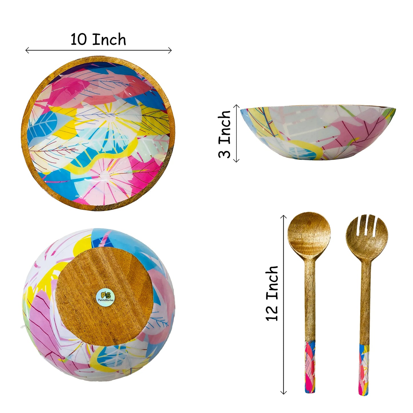"Cycle of Seasons" Artistic Wooden Cutlery-Big Bowl with Serving Spoons I Dine ware I Living Room Décor I Meena Print I Decorative I Size-10*10*3 Inch