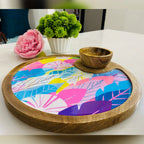 "Cycle of Seasons" Artistic Wooden Cutlery-Circular Platter with Wooden Bowl I Table ware I Hand Crafted I Decorative I Meena Print I Size-10*10 Inch